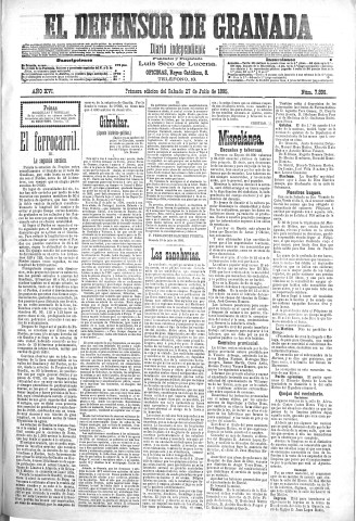 'El Defensor de Granada  : diario político independiente' - Año XVI Número 7896 1ª ed. - 1895 Julio 27