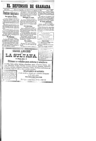 'El Defensor de Granada  : diario político independiente' - Año XVI Número 7908  - 1895 Agosto 03