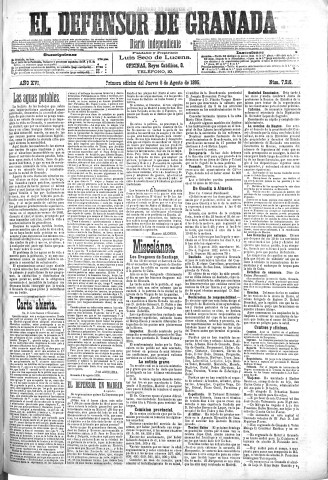 'El Defensor de Granada  : diario político independiente' - Año XVI Número 7916 1ª ed. - 1895 Agosto 08