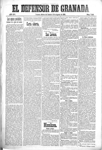 'El Defensor de Granada  : diario político independiente' - Año XVI Número 7919 1ª ed. - 1895 Agosto 10