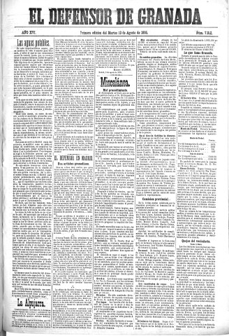 'El Defensor de Granada  : diario político independiente' - Año XVI Número 7912 1ª ed. - 1895 Agosto 13