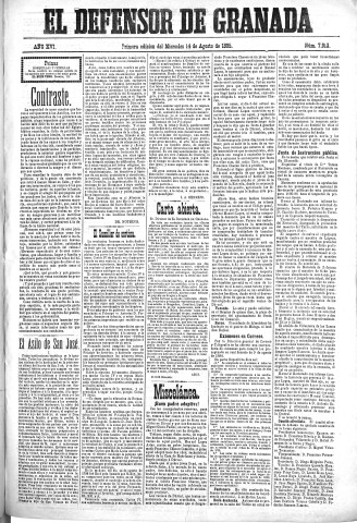 'El Defensor de Granada  : diario político independiente' - Año XVI Número 7913 1ª ed. - 1895 Agosto 14