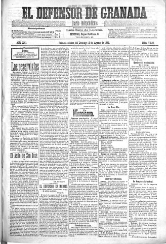 'El Defensor de Granada  : diario político independiente' - Año XVI Número 7920 1ª ed. - 1895 Agosto 18