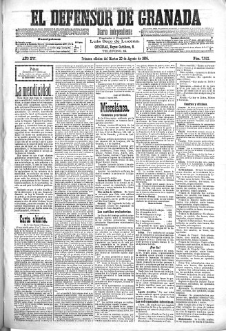 'El Defensor de Granada  : diario político independiente' - Año XVI Número 7922 1ª ed. - 1895 Agosto 20