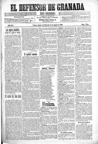'El Defensor de Granada  : diario político independiente' - Año XVI Número 7924 1ª ed. - 1895 Agosto 21