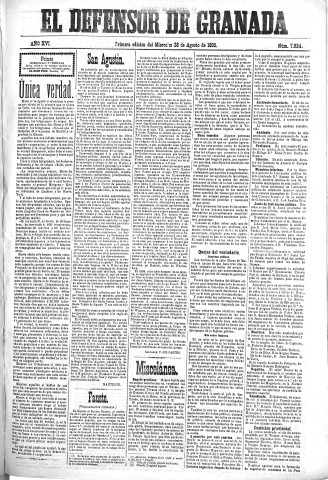 'El Defensor de Granada  : diario político independiente' - Año XVI Número 7934 1ª ed. - 1895 Agosto 28