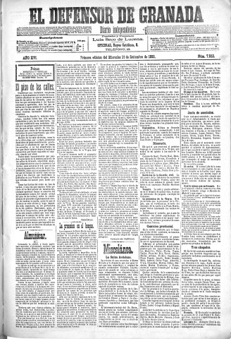 'El Defensor de Granada  : diario político independiente' - Año XVI Número 7923 1ª ed. - 1895 Septiembre 18