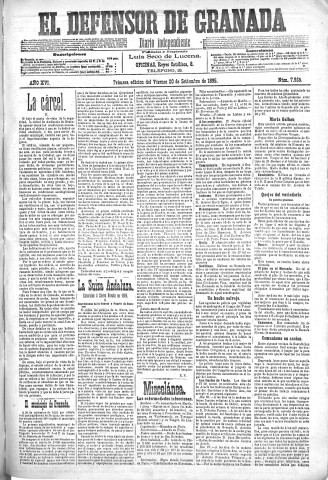 'El Defensor de Granada  : diario político independiente' - Año XVI Número 7925 1ª ed. - 1895 Septiembre 20