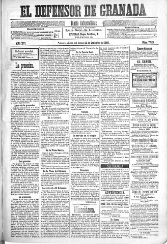 'El Defensor de Granada  : diario político independiente' - Año XVI Número 7929 1ª ed. - 1895 Septiembre 23