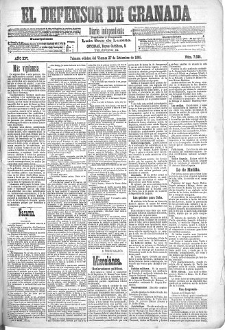'El Defensor de Granada  : diario político independiente' - Año XVI Número 7936 1ª ed. - 1895 Septiembre 27
