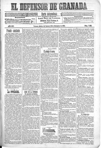'El Defensor de Granada  : diario político independiente' - Año XVI Número 7938 1ª ed. - 1895 Septiembre 28
