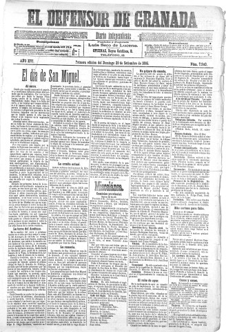 'El Defensor de Granada  : diario político independiente' - Año XVI Número 7940 1ª ed. - 1895 Septiembre 29