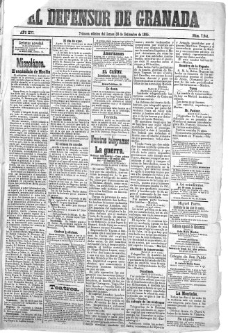 'El Defensor de Granada  : diario político independiente' - Año XVI Número 7941 1ª ed. - 1895 Septiembre 30