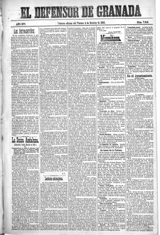 'El Defensor de Granada  : diario político independiente' - Año XVI Número 7945 1ª ed. - 1895 Octubre 04
