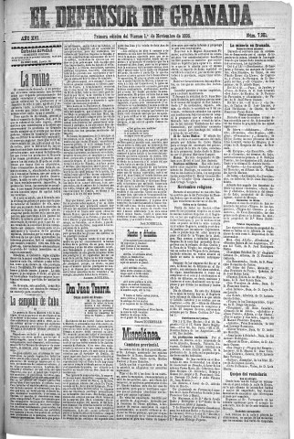 'El Defensor de Granada  : diario político independiente' - Año XVI Número 7981 1ª ed. - 1895 Noviembre 01