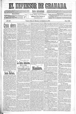 'El Defensor de Granada  : diario político independiente' - Año XVI Número 8018 1ª ed. - 1895 Diciembre 04