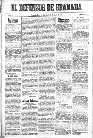 'El Defensor de Granada  : diario político independiente' - Año XVI Número 8025 1ª ed. - 1895 Diciembre 11