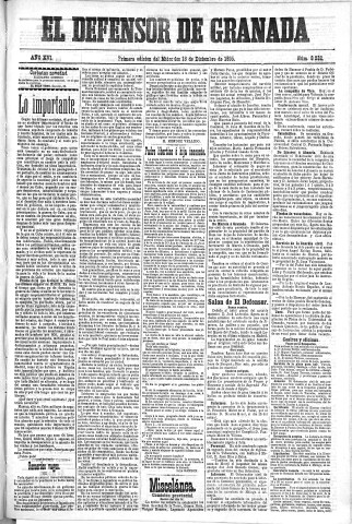 'El Defensor de Granada  : diario político independiente' - Año XVI Número 8032 1ª ed. - 1895 Diciembre 18