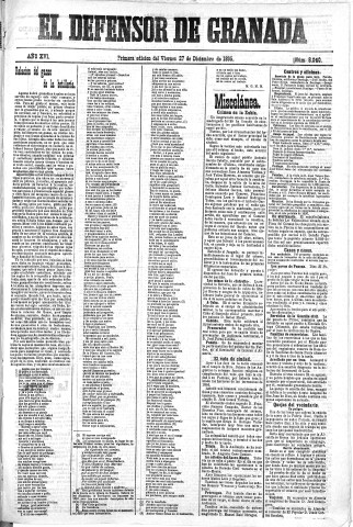 'El Defensor de Granada  : diario político independiente' - Año XVI Número 8040 1ª ed. - 1895 Diciembre 27