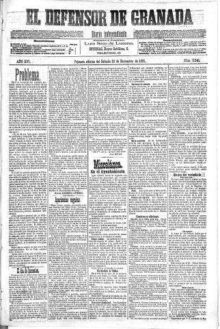 'El Defensor de Granada  : diario político independiente' - Año XVI Número 8041 1ª ed. - 1895 Diciembre 28