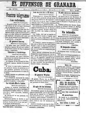'El Defensor de Granada  : diario político independiente' - Año XVIII Número 9442  - 1897 Enero 30