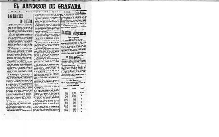 'El Defensor de Granada  : diario político independiente' - Año XVIII Número 9458  - 1897 Febrero 13