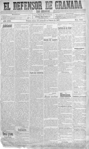 'El Defensor de Granada  : diario político independiente' - Año XVIII Número 9468 1ª ed. - 1897 Febrero 25