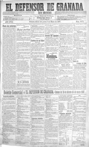 'El Defensor de Granada  : diario político independiente' - Año XVIII Número 9475 1ª ed. - 1897 Marzo 04