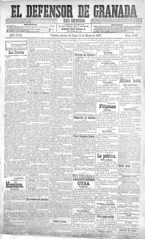 'El Defensor de Granada  : diario político independiente' - Año XVIII Número 9486 1ª ed. - 1897 Marzo 15