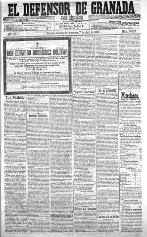 'El Defensor de Granada  : diario político independiente' - Año XVIII Número 9509 1ª ed. - 1897 Abril 07