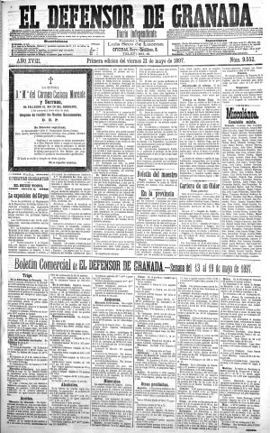'El Defensor de Granada  : diario político independiente' - Año XVIII Número 9552 1ª ed. - 1897 Mayo 21
