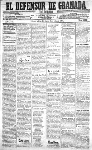'El Defensor de Granada  : diario político independiente' - Año XVIII Número 9692 1ª ed. - 1897 Julio 02