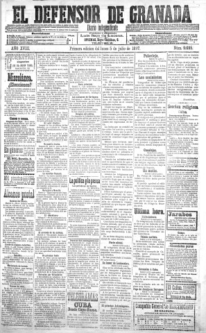 'El Defensor de Granada  : diario político independiente' - Año XVIII Número 9695 1ª ed. - 1897 Julio 05