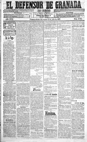 'El Defensor de Granada  : diario político independiente' - Año XVIII Número 9703 1ª ed. - 1897 Julio 13