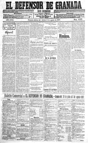 'El Defensor de Granada  : diario político independiente' - Año XVIII Número 9727 1ª ed. - 1897 Agosto 06