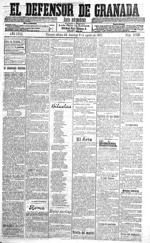 'El Defensor de Granada  : diario político independiente' - Año XVIII Número 9729 1ª ed. - 1897 Agosto 08