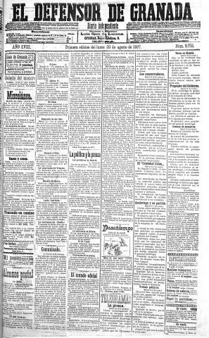 'El Defensor de Granada  : diario político independiente' - Año XVIII Número 9751 1ª ed. - 1897 Agosto 30