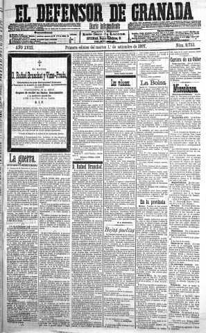 'El Defensor de Granada  : diario político independiente' - Año XVIII Número 9753 1ª ed. - 1897 Septiembre 01