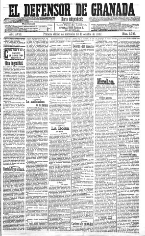 'El Defensor de Granada  : diario político independiente' - Año XVIII Número 9795 1ª ed. - 1897 Octubre 13