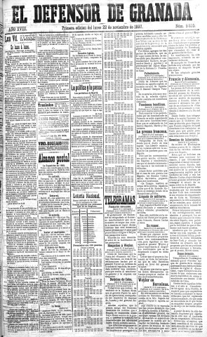 'El Defensor de Granada  : diario político independiente' - Año XVIII Número 9835 1ª ed. - 1897 Noviembre 22