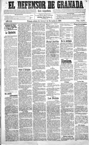 'El Defensor de Granada  : diario político independiente' - Año XIX Número 10277 1ª ed. - 1898 Noviembre 03