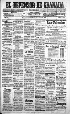 'El Defensor de Granada  : diario político independiente' - Año XX Número 11025 1ª ed. - 1899 Junio 02