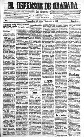 'El Defensor de Granada  : diario político independiente' - Año XX Número 11624 1ª ed. - 1899 Octubre 07