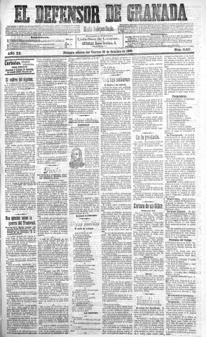 'El Defensor de Granada  : diario político independiente' - Año XX Número 11637 1ª ed. - 1899 Octubre 20