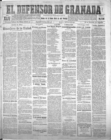 'El Defensor de Granada  : diario político independiente' - Año XLIV Número 19738  - 1922 Enero 05