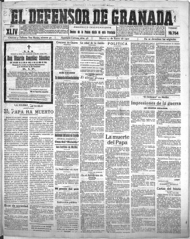 'El Defensor de Granada  : diario político independiente' - Año XLIV Número 19754  - 1922 Enero 24