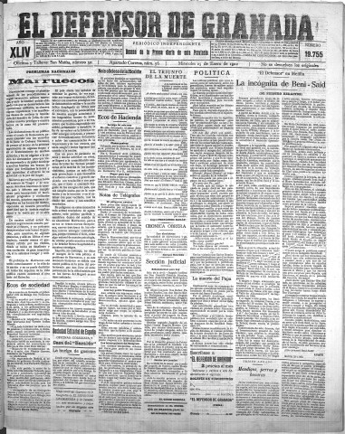'El Defensor de Granada  : diario político independiente' - Año XLIV Número 19755  - 1922 Enero 25