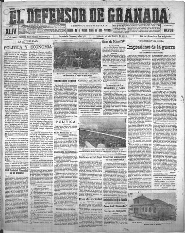'El Defensor de Granada  : diario político independiente' - Año XLIV Número 19758  - 1922 Enero 28