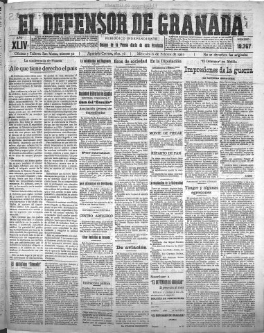 'El Defensor de Granada  : diario político independiente' - Año XLIV Número 19767  - 1922 Febrero 08