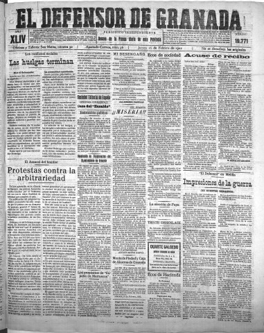 'El Defensor de Granada  : diario político independiente' - Año XLIV Número 19771  - 1922 Febrero 16